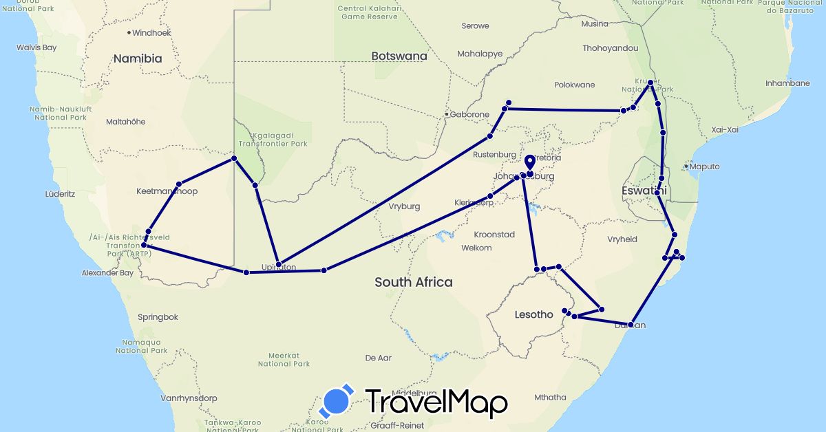 TravelMap itinerary: driving in Lesotho, Namibia, Swaziland, South Africa (Africa)